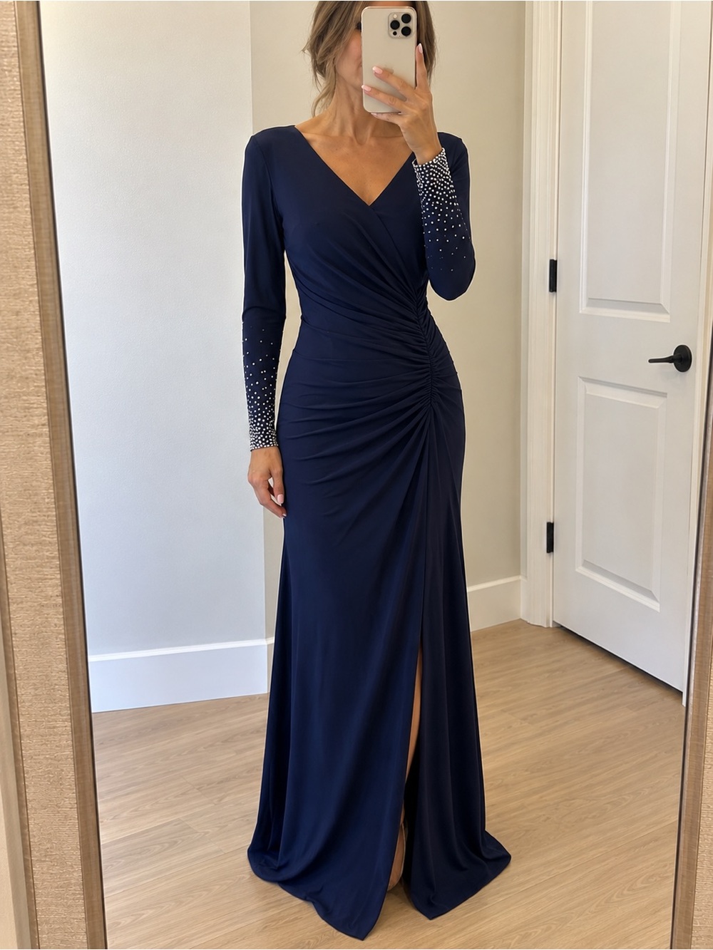 Xscape Navy Rhinestone Ruched Formal Evening Gown Size 4